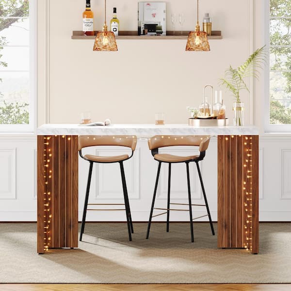 Kearsten Rectangle White Walnut Brown 55 in. Bar Home Table Bar Unit Liquor Bistro Farmhouse Faux Marble Finished