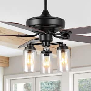 Lucas 52 in. 3-Light Rustic Industrial Iron/Wood/Seeded Glass Mobile-App/Remote LED Indoor Ceiling Fan, Black