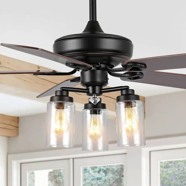 Lucas 52 in. 3-Light Rustic Industrial Iron/Wood/Seeded Glass Mobile-App/Remote LED Indoor Ceiling Fan, Black