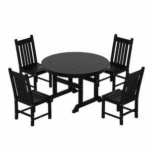 Hayes 47 in. All Weather HDPE Plastic Round Outdoor Dining Trestle Table with Umbrella Hole in Black