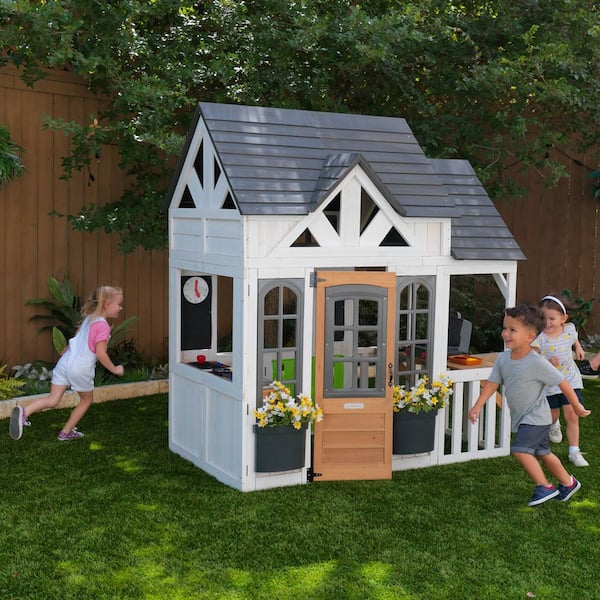 Lantana Lane Outdoor Wood Playhouse with Play Kitchen and Grill, Flap Door, and Flower Boxes (Flowers Not Included)