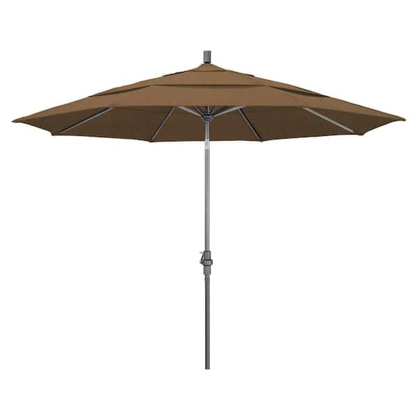 California Umbrella 11 ft. Hammertone Grey Aluminum Market Patio Umbrella with Crank Lift in Woven Sesame Olefin