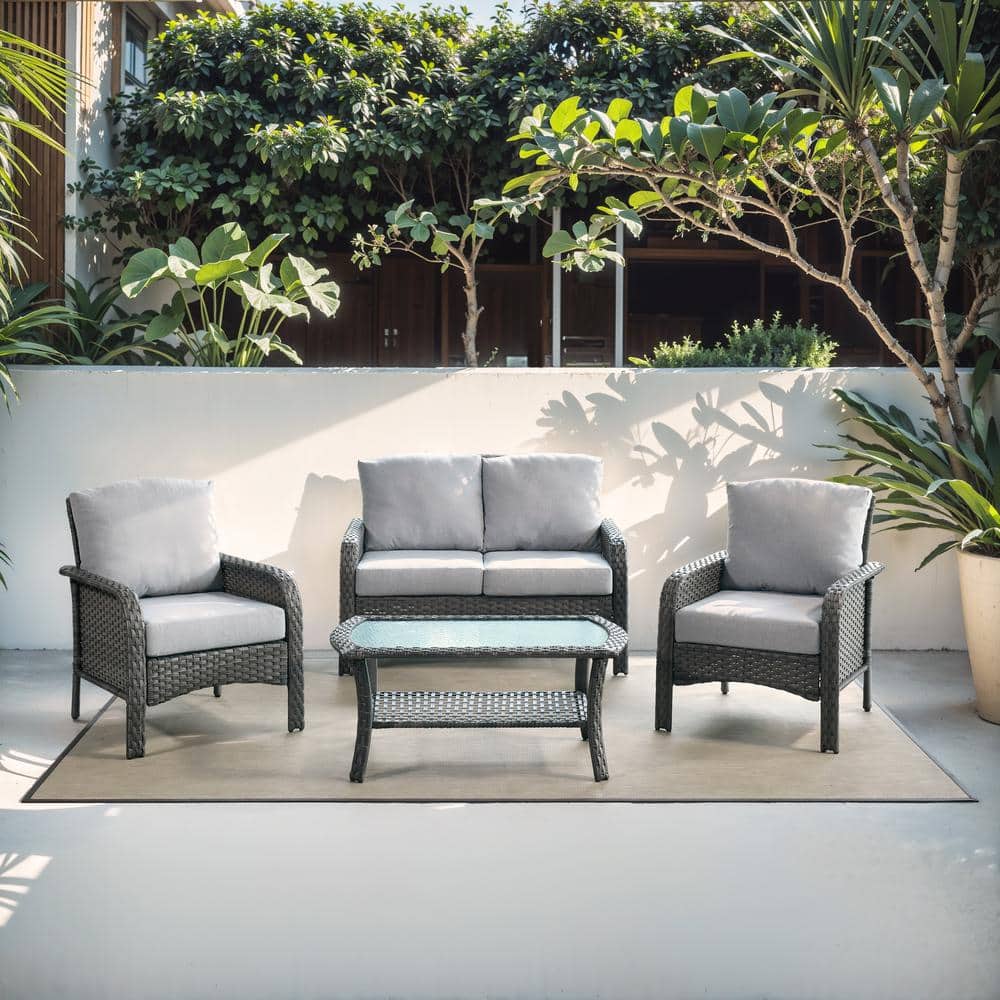 New Hyacinth Gray 4-Piece Wicker Patio Outdoor Conversation Seating Set wit