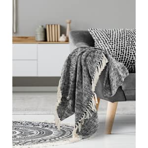 Distressed Black 50 in. x 60 in. Woven Boho Chambray Fringe Throw Blanket