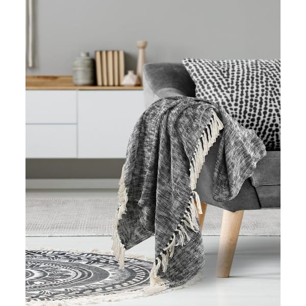 Unbranded Distressed Black 50 in. x 60 in. Woven Boho Chambray Fringe Throw Blanket