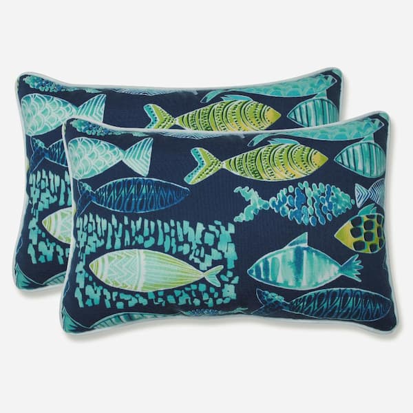 Pillow Perfect Tropical Blue Rectangular Outdoor Lumbar Throw Pillow 2-Pack