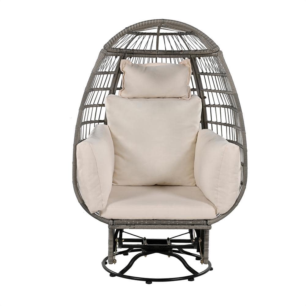 Grey Wicker Outdoor Rocking Chair, Swivel Chair with Beige Cushions for Bal