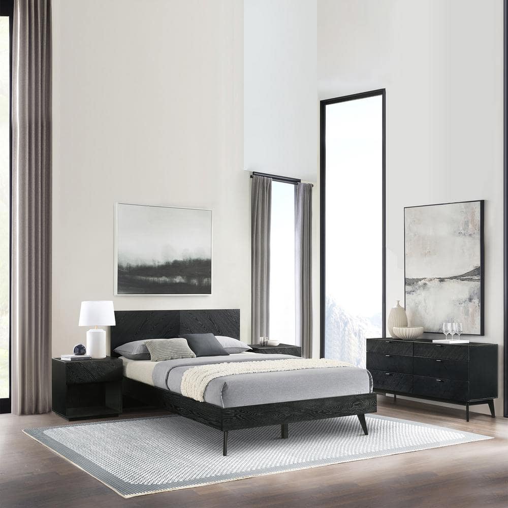 Petra 4-Piece Black Wood Queen Bedroom Set with Headboard
