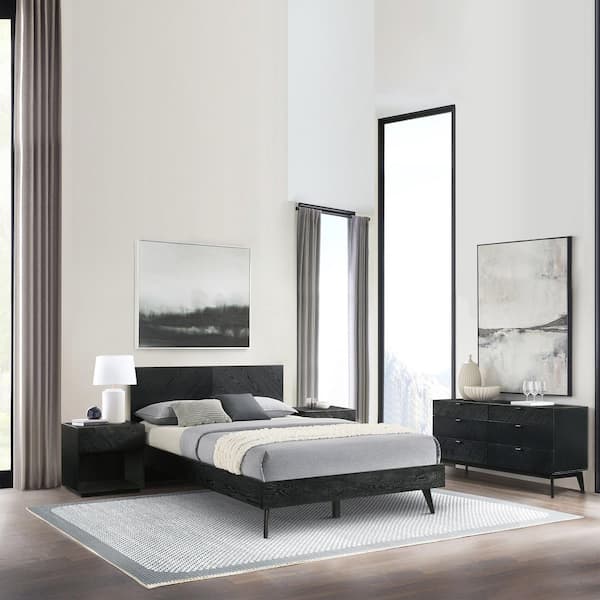Armen Living Petra 4-Piece Black Wood Queen Bedroom Set with Headboard