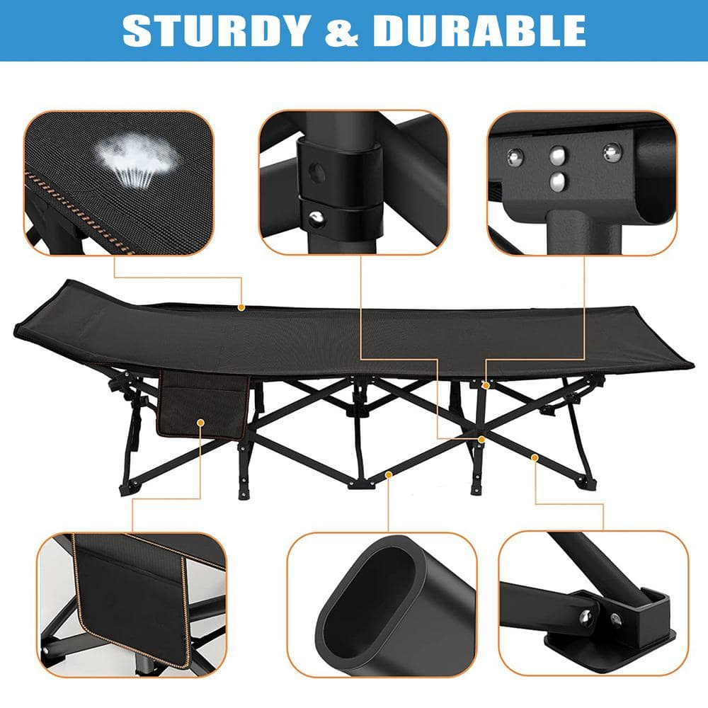 Black Steel Portable Folding Camping Cot with Cushion
