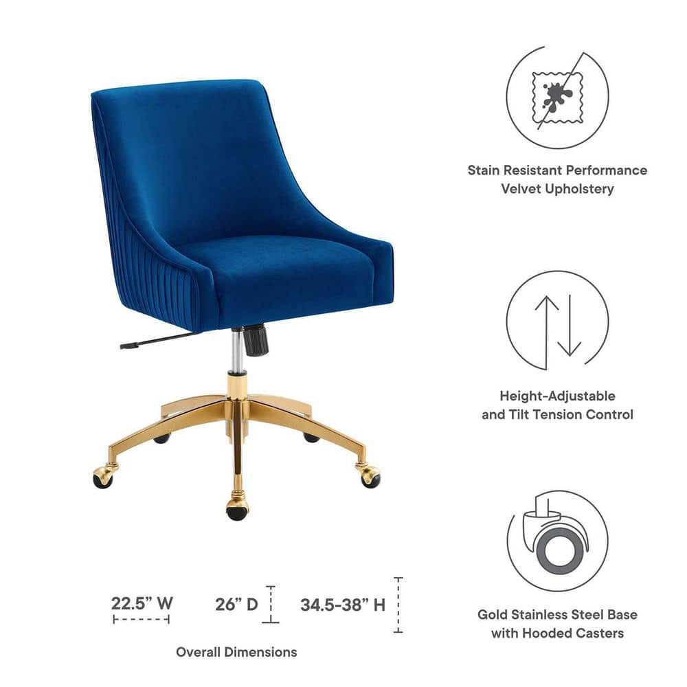 Navy Velvet and Gold Swivel Office Chair with Wood Accents