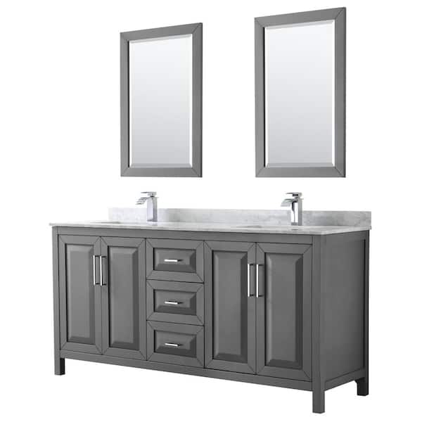 Wyndham Collection Daria 72 in. Double Bathroom Vanity in Dark Gray with Marble Vanity Top in Carrara White and 24 in. Mirrors