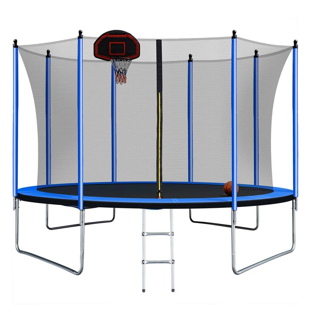 SUNRINX 10 ft. Blue Round Trampoline with Safety Enclosure Net and Basketball Hoop