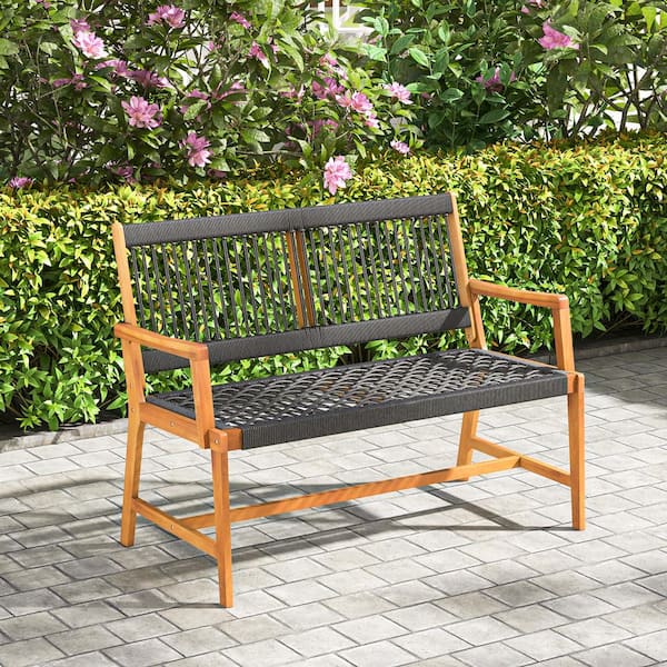 ANGELES HOME 46 in. 2-Person Acacia Wood Outdoor Bench with Backrest and Armrests