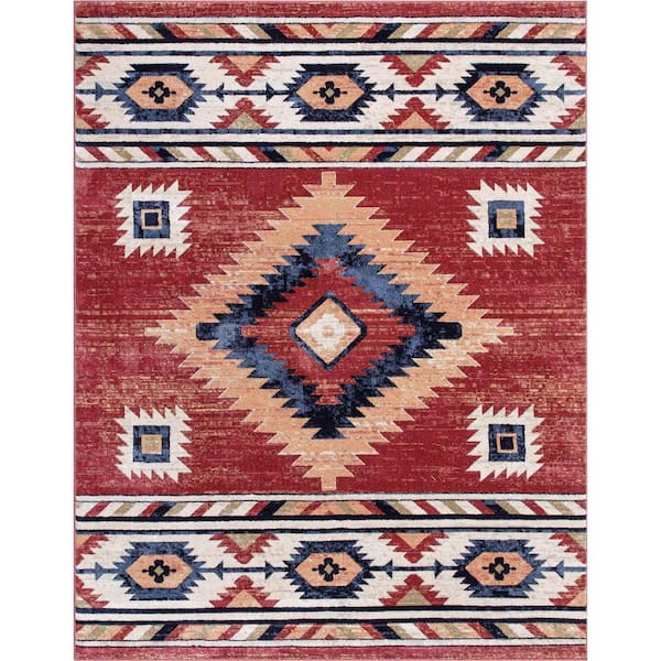 Tulsa Lea Traditional Southwestern Geometric Crimson/Red 7 ft. 10 in. x 10 ft. 6 in. Area Rug