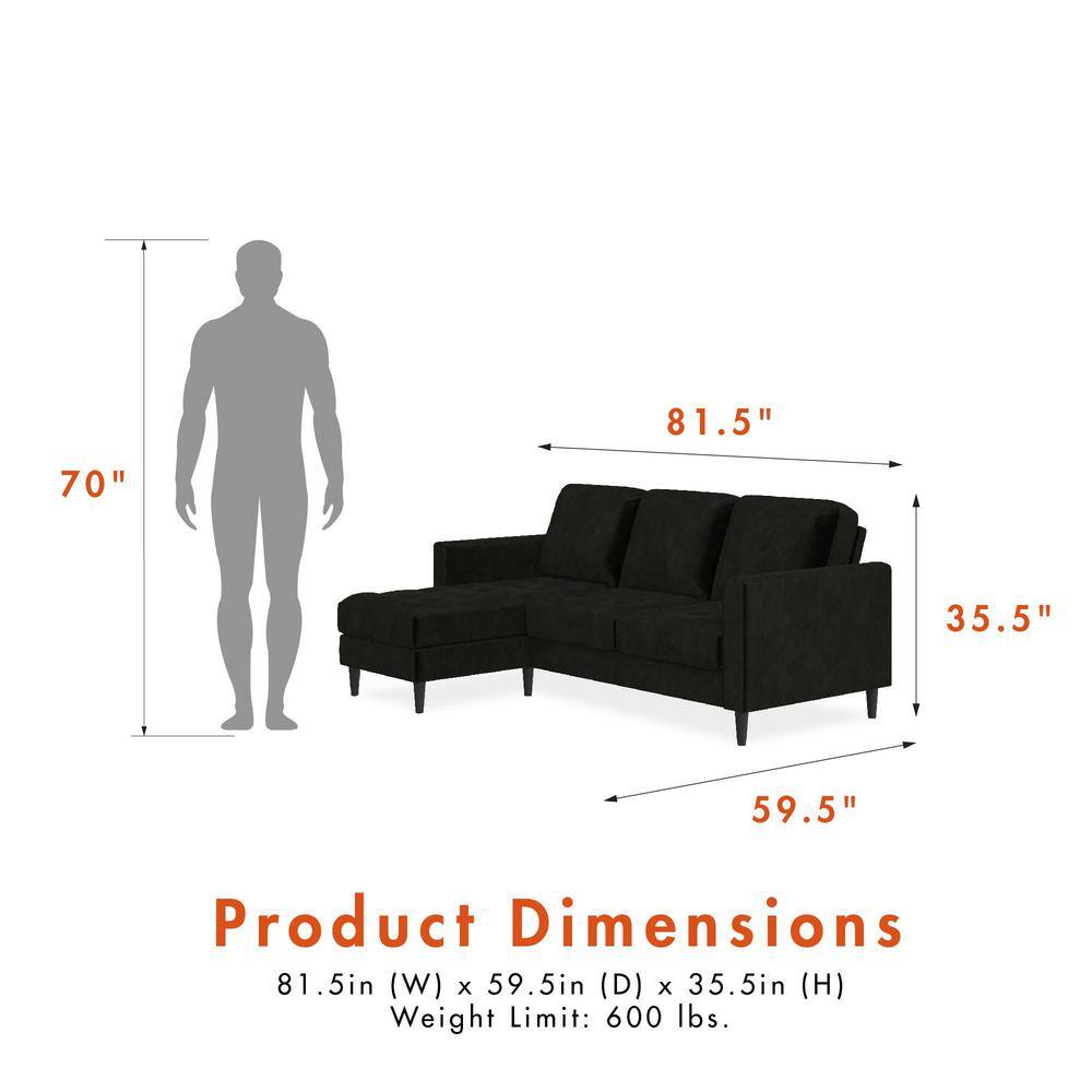 Strummer 81.63" Black Velvet Reversible Sectional Sofa with Ottoman