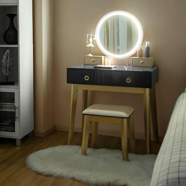 Makeup Dressing Vanity Table Set with Touch Screen Dimming Mirror Black