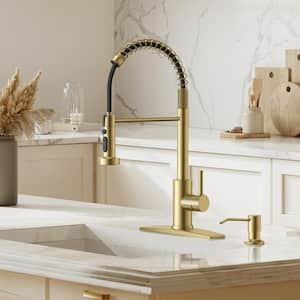 Single Handle Swivel Spout Pull Down Sprayer Kitchen Faucet with Deck plate and Soap Dispenser in Gold