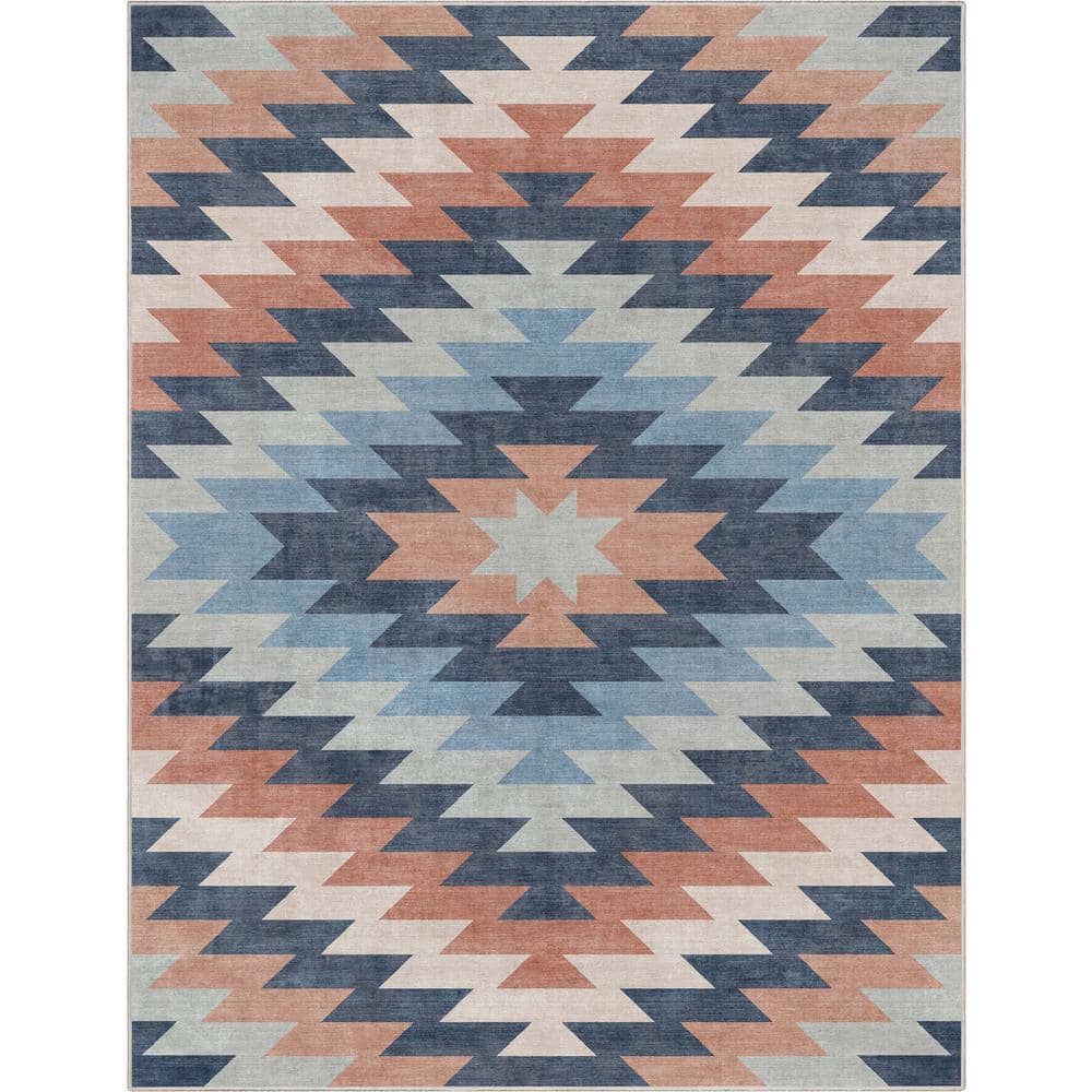 Blue and Coral Southwestern Synthetic Chenille 8' x 10' Area Rug