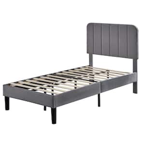 Upholstered Bed Frame Gray Metal Frame Twin Platform Bed with Adjustable Headboard, Strong Wooden Slats Support
