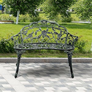 2-Person Green Metal Outdoor Bench Patio Garden Loveseat with Rose Design Backrest