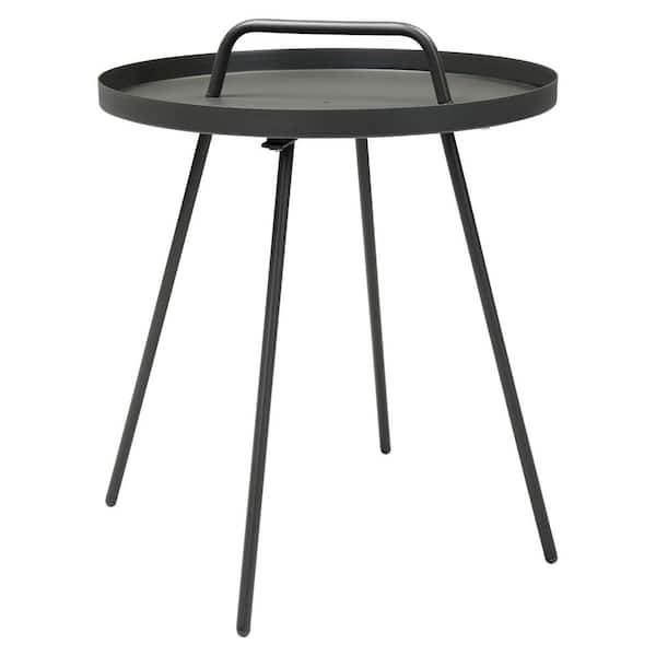 Wildaven Small Charcoal Gray Side Table, Metal Round Side Table with Handle, for Outdoor Garden Bedroom Living Room
