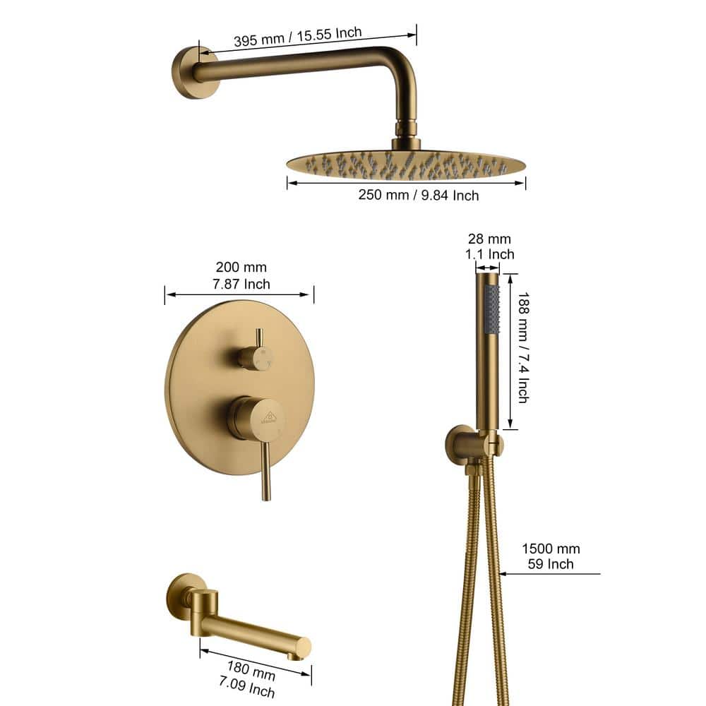 Brushed Gold Dual Rain Shower System with Handheld Spray
