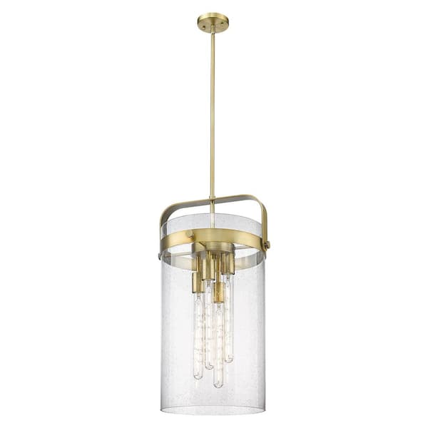 Pilaster 100-Watt 4-Light Brushed Brass Shaded Mini Pendant Light with Seeded Glass Shade