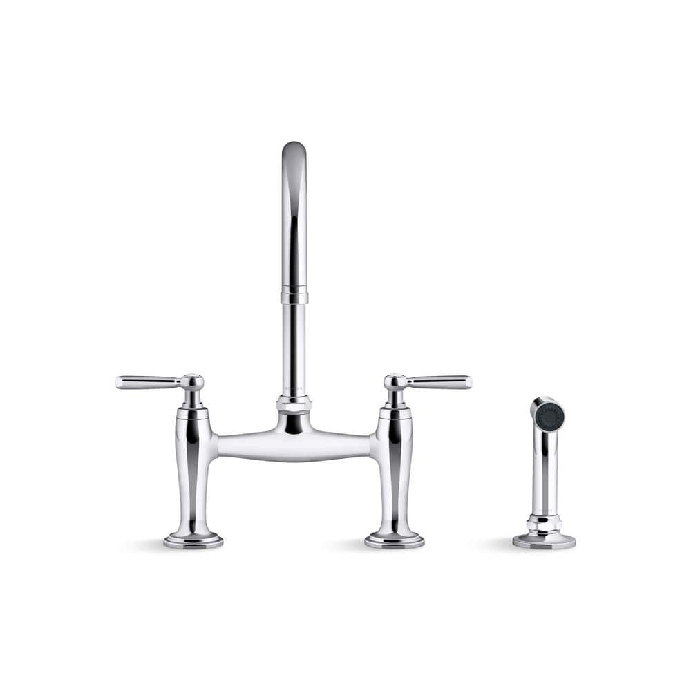 Edalyn Polished Chrome Two-Hole Bridge Kitchen Faucet with Side Sprayer