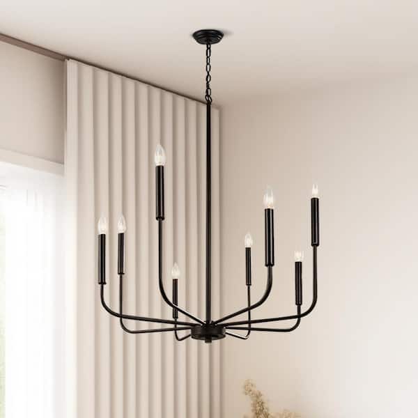YANSUN 25 in. 8-Light Matte Black Farmhouse Minimalist Hanging Candlestick Chandelier