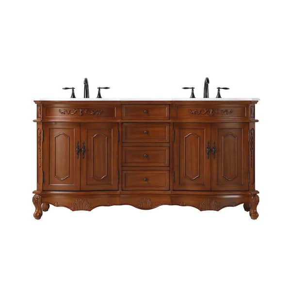 66 in. Double Sink Freestanding Teak Bath Vanity with Ivory White Engineered Marble Top
