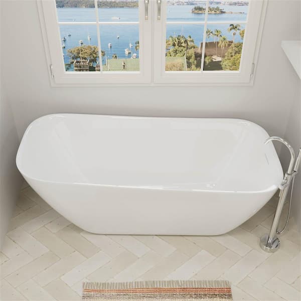 59 in. Acrylic Freestanding Bathtub Flatbottom Soaking SPA Tub Bathtub in White with Polished Chrome Drain in White
