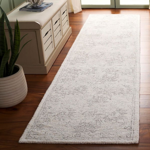 Ebony 2 ft. x 9 ft. Gray/Beige Distressed Faded Floral Runner Rug