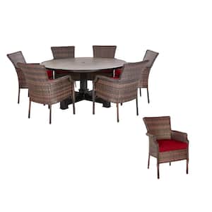 Grayson 7-Piece Brown Wicker Outdoor Patio Dining Set with CushionGuard Chili Red Cushions