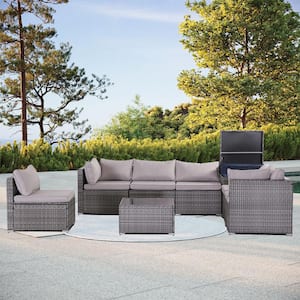 8 Pieces Gray Patio Outdoor PE Rattan Wicker Conversation Sets with Gray Cushions and Storage Bin Coffee Table