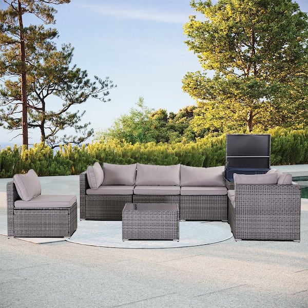 Zeus & Ruta 8 Pieces Gray Patio Outdoor PE Rattan Wicker Conversation Sets with Gray Cushions and Storage Bin Coffee Table