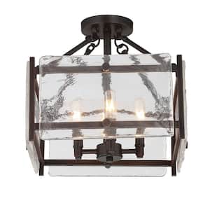 Glenwood 14 in. W x 13.75 in. H 4-Light English Bronze Semi-Flush Mount Ceiling Light with Water Piastra Glass Panels