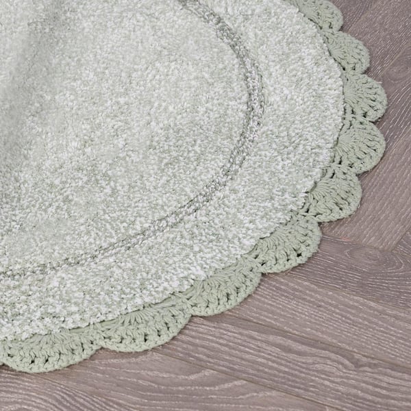 Eloise Crochet Border 24in. x 60in. Green Solid Cotton Oval Bath Mat
