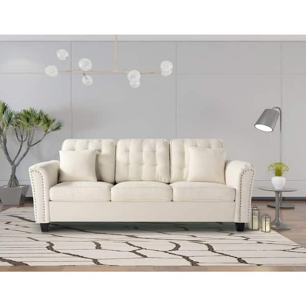 ZACHVO 86.6 in. Wide Arm Home Beige Sofa Polyester in 3-Seats Sofa - Straight Depot Flared HDW22341245DM The