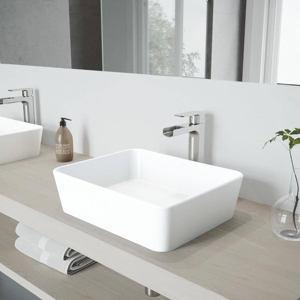 White Stone Rectangular Vessel Sink with Brushed Nickel Faucet