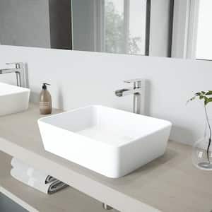 Matte Stone Marigold Composite Rectangular Vessel Bathroom Sink in White with Faucet and Pop-Up Drain in Brushed Nickel