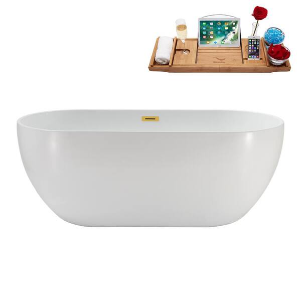 Streamline 62 in. x 29 in. Acrylic Freestanding Soaking Bathtub in Glossy White With Polished Gold Drain