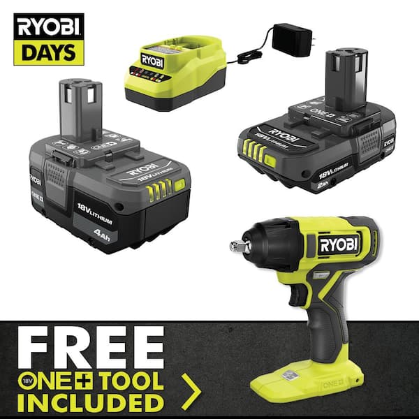 RYOBI ONE+ 18V Lithium-Ion 4.0 Ah Battery, 2.0 Ah Battery, and Charger Kit with FREE ONE+ Cordless 3/8 in. Impact Wrench