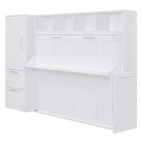 White Wood Frame Full Size Murphy Bed with Closet and Drawers