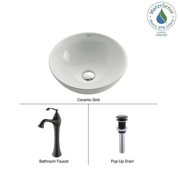 KRAUS Soft Round Ceramic Vessel Sink in White with Ventus Faucet in Oil Rubbed Bronze