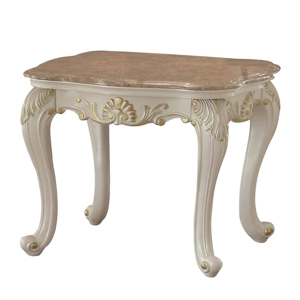 Pearl White and Gold Rectangular Wooden End Table with Marble Top and Storage