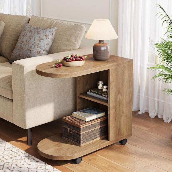 Calvin 27.56" Narrow Brown C-Shaped Over Couch Tray Wood Sofa Side End Table Mobile Nightstand 2 tier Storage Shleves