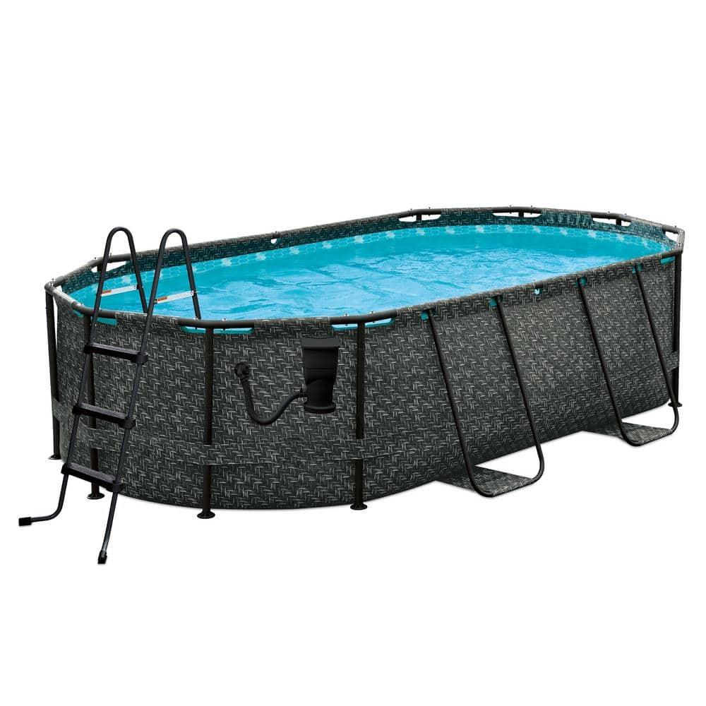 Funsicle 13 ft. x 8 ft. Oval 39.5 in. Deep Oasis Designer Metal Frame Pool, Dark Herringbone