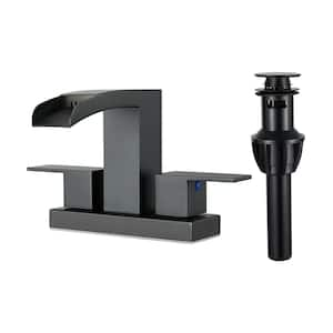 Waterfall 4 in. Centerset Double Handle Low Arc Bathroom Faucet with Drain kit Included in Matte Black