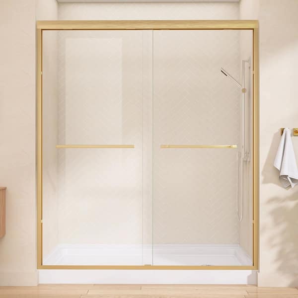 68 in.-72 in. W x 75 in. H Double Sliding Semi-Frameless Shower Door Brushed Gold with 1/4 in. Nano-Coated Clear Glass